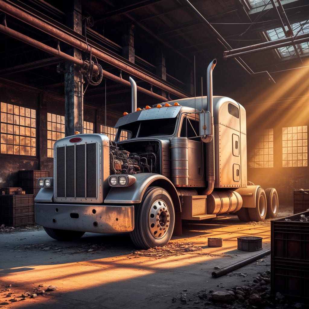 Abandoned Peterbilt Truck in Dusty Garage