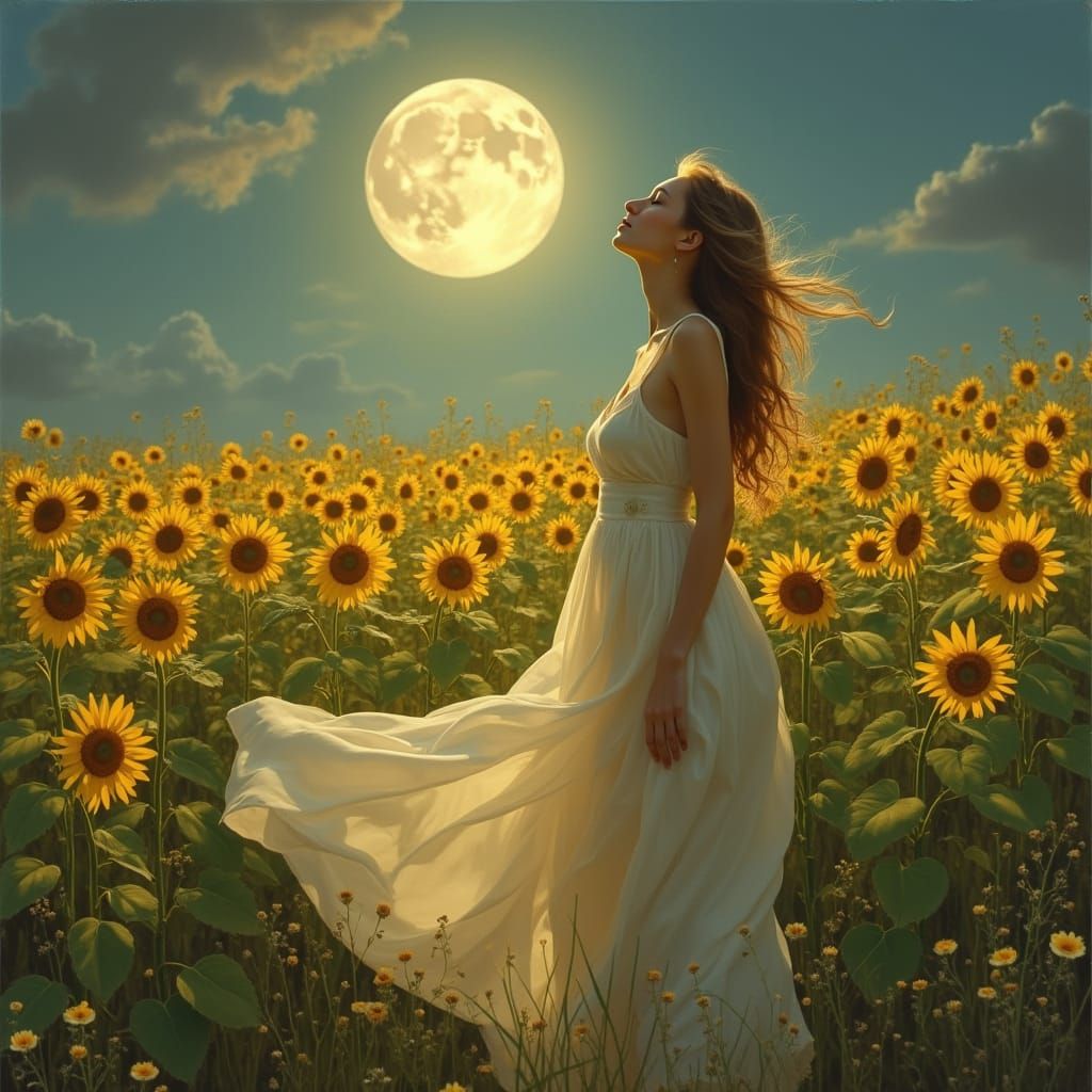Serene Woman Basks in Moonlit Garden