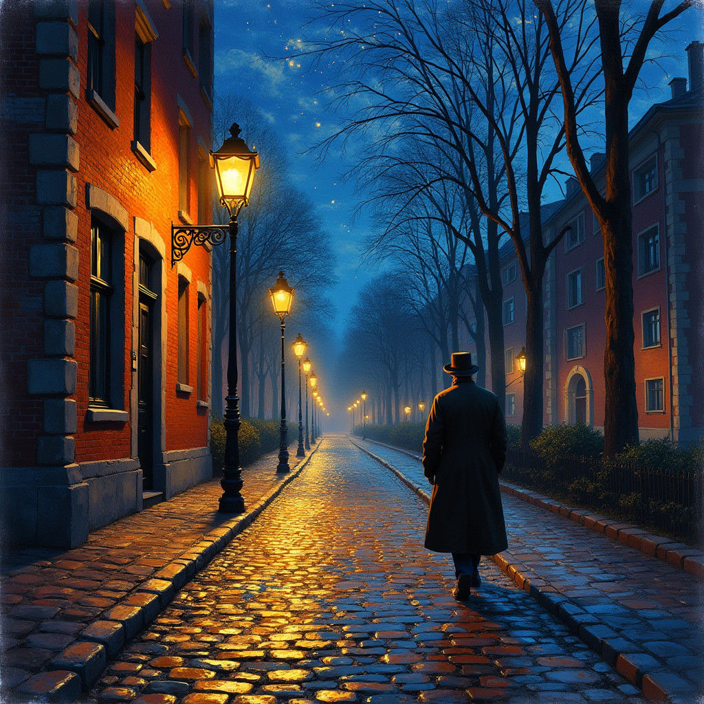 Dreamy Night Street Scene in Impressionist Style