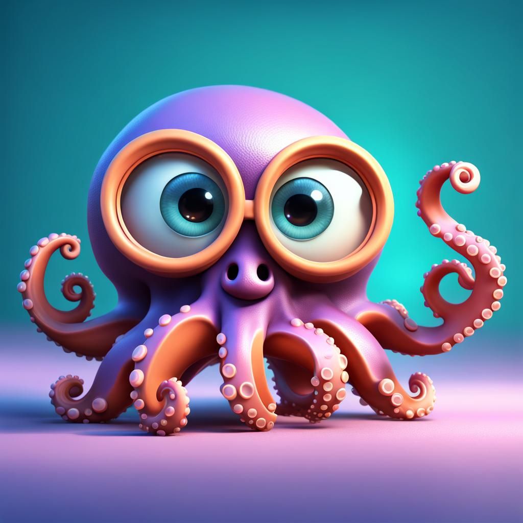 Cute Octopus with Magnifying Glass: Pixar-Style 3D Art
