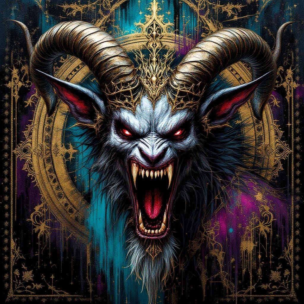 Ornate Goat-Headed Demon in Alcohol Ink