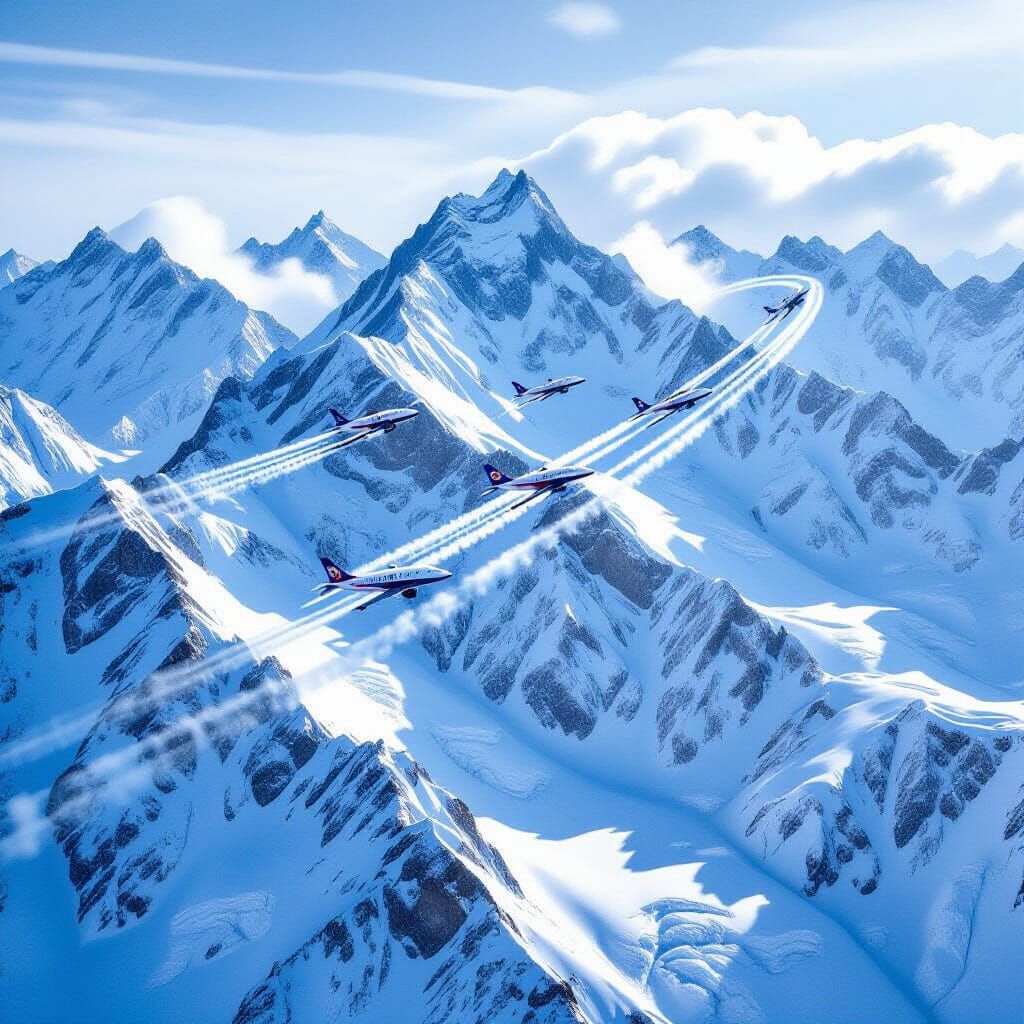 Planes Fly in Formation Over Snowy Peaks