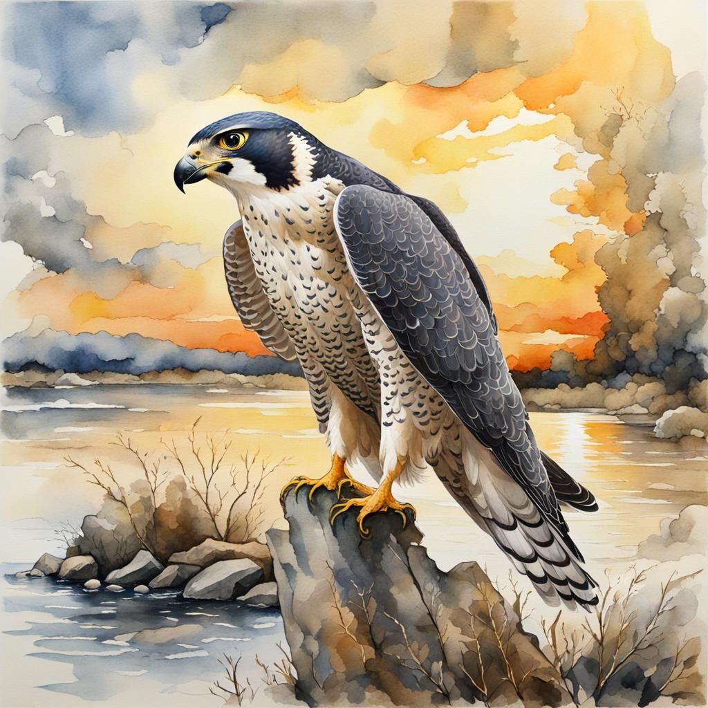 Majestic Falcon Captures Prey: Watercolor Painting