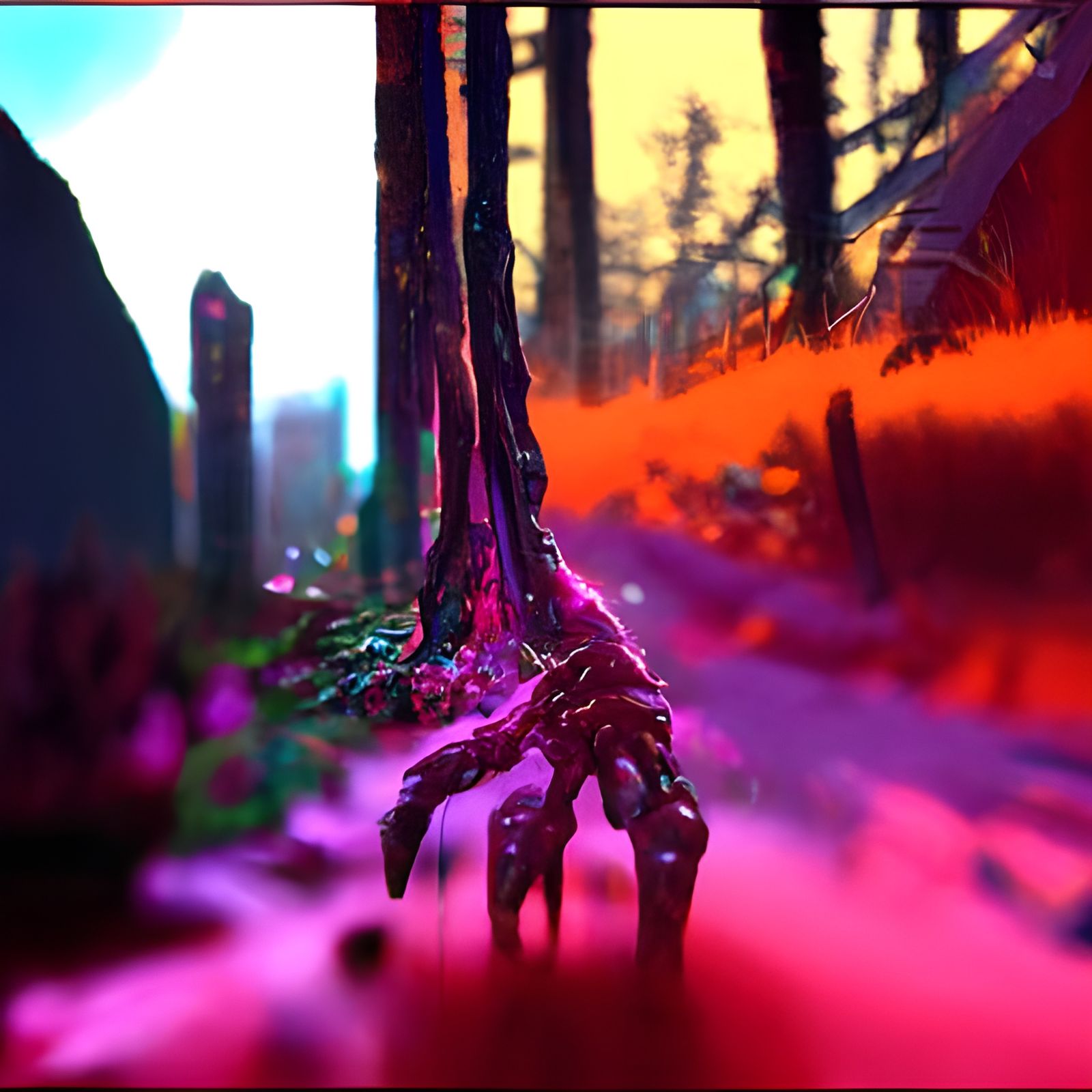 Synthwave Body Horror Woodlands: Detailed Matte Painting