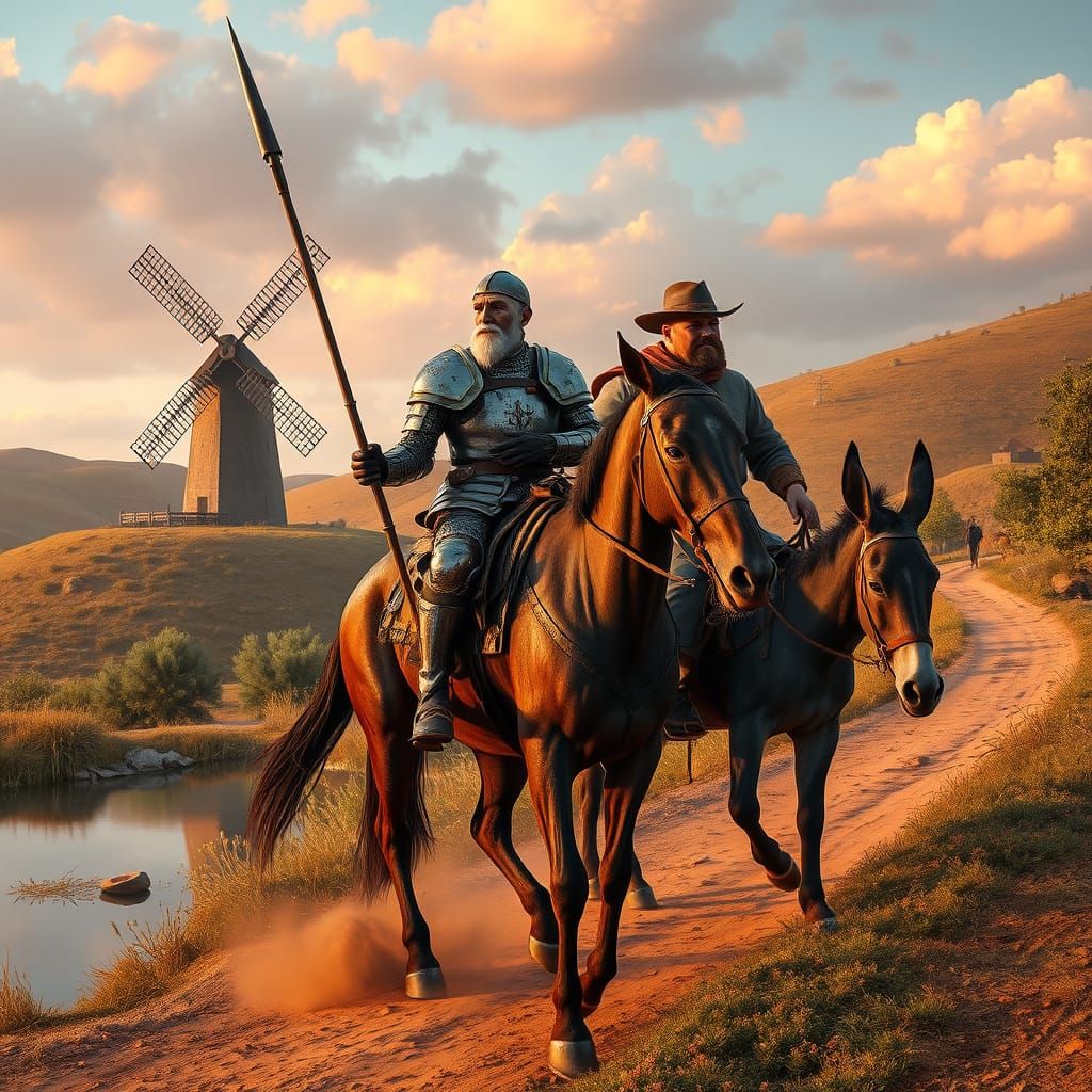 Don Quixote in Rustic Knight's Armor Rides with Faithful Com...