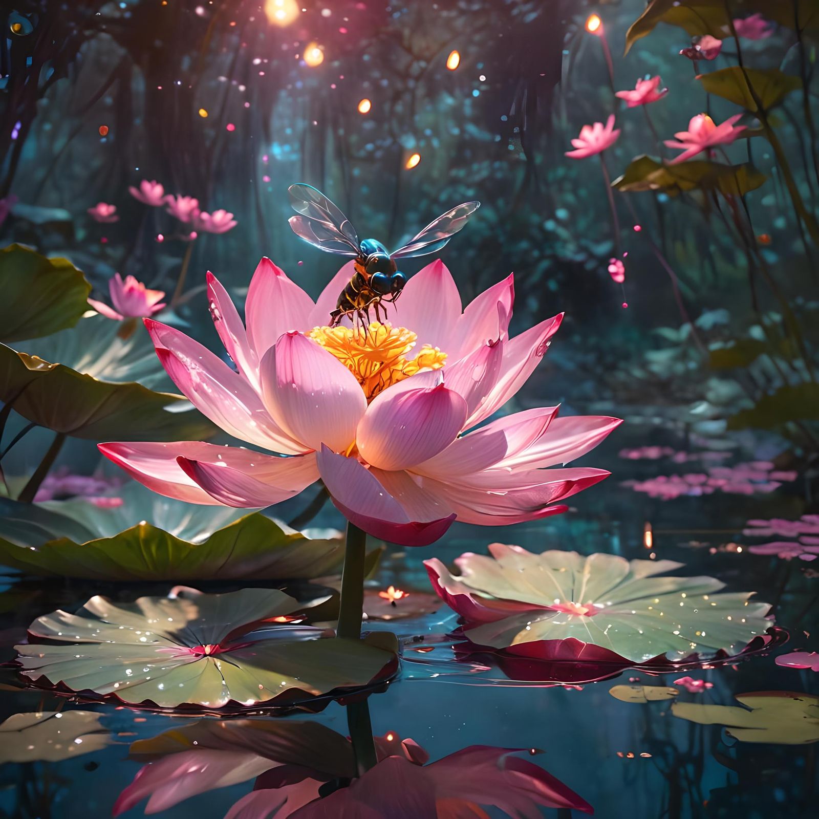 Firefly on Lotus: Enchanting Digital Artwork
