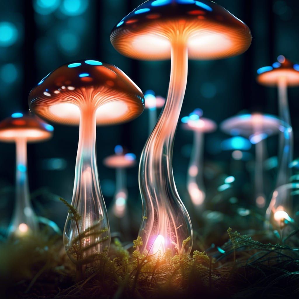 Glowing Glass-Like Mushrooms in Surreal Style