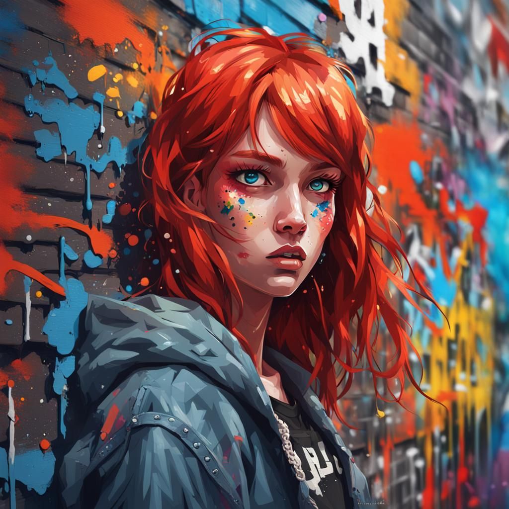 Gorgeous Graffiti Girl with Red Hair and Blue Eyes
