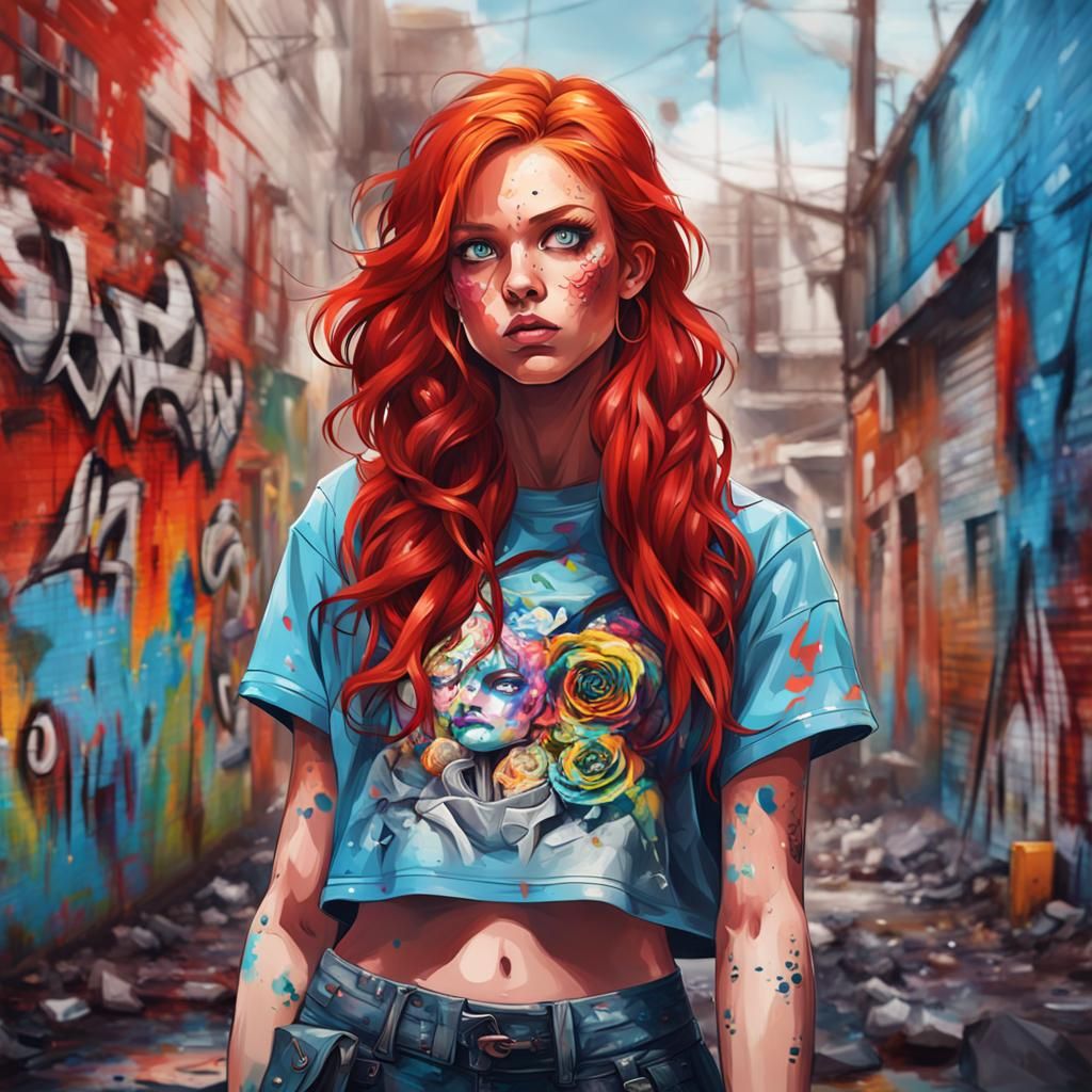 Colorful Graffiti Art: Red-Haired Woman in Street Style