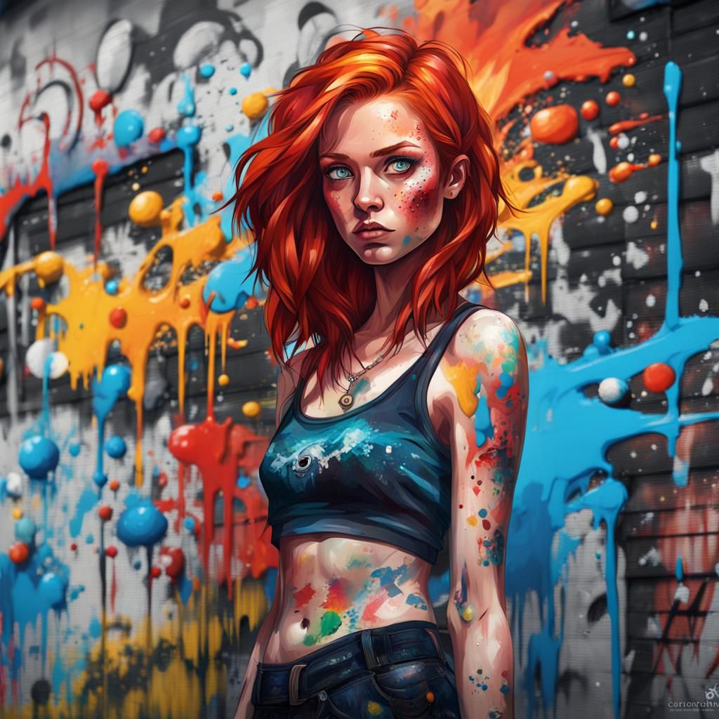 Colorful Graffiti Art: Red-Haired Woman in Urban Style