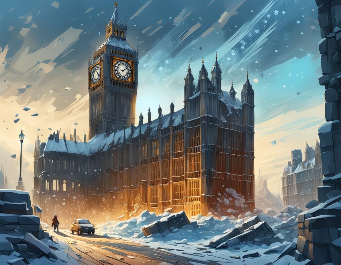 Hyperrealistic Ruins of Big Ben Collapsed Under Snow in Vibr...