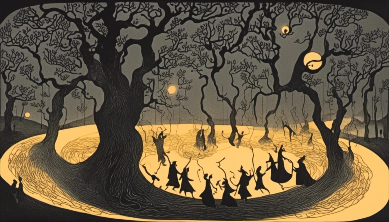 Mystical Witches Gathered in Surreal Forest Painting