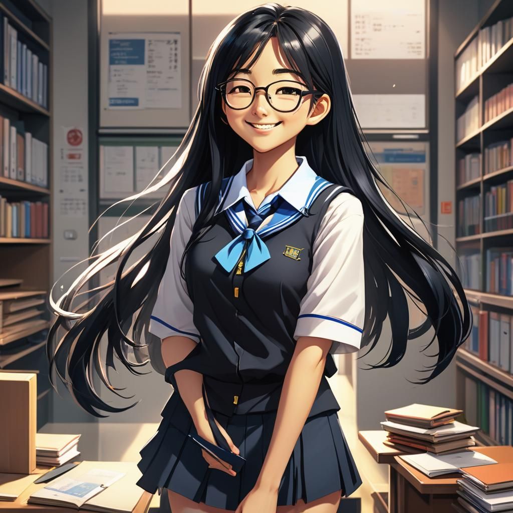 Smiling Anime Schoolgirl in Cel-Shaded Style