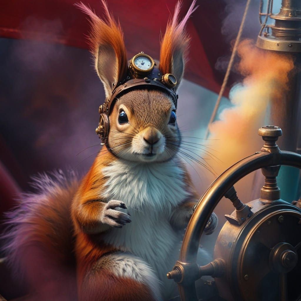 Surreal Steampunk Squirrel at the Helm of a Vintage Sailboat