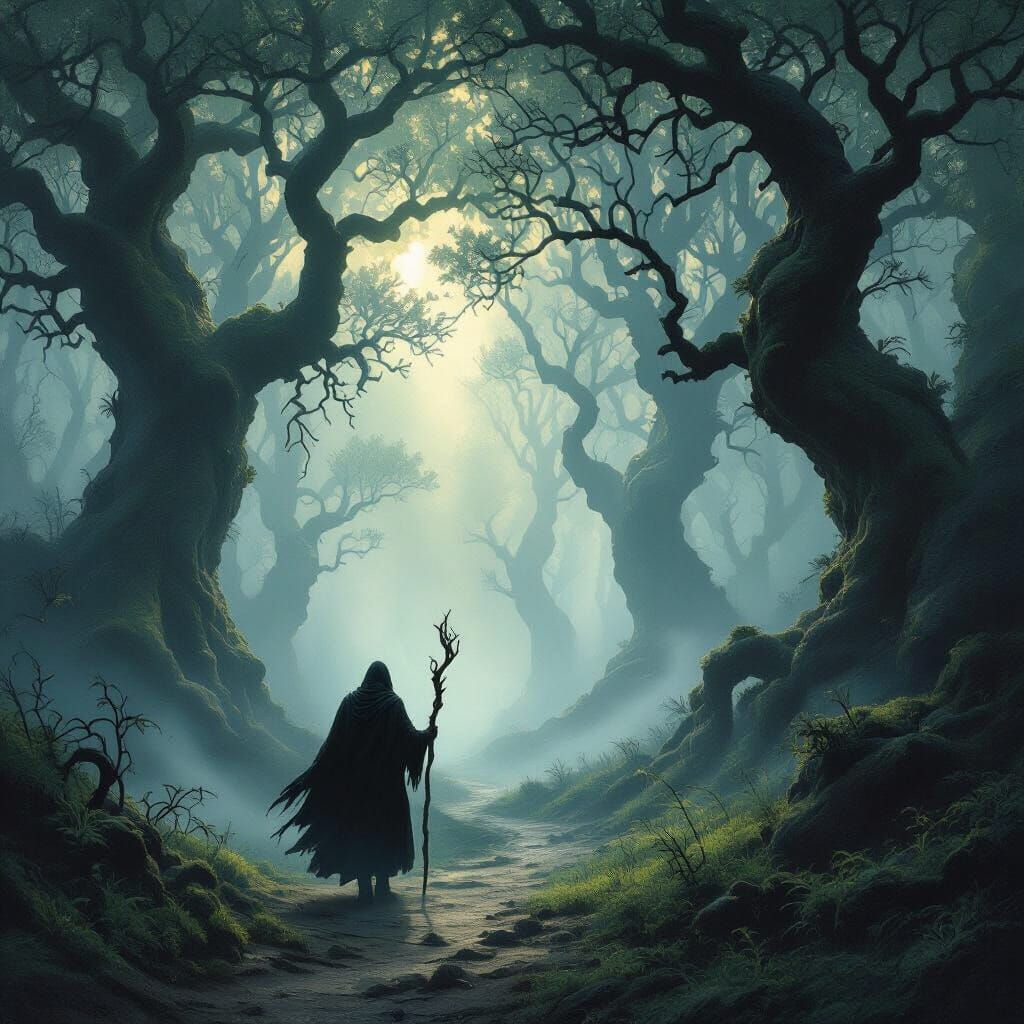 Mystical Forest Traveler in Atmospheric Fantasy Concept Art