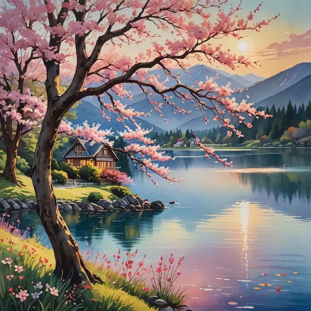 Cherry Blossom Tree by Lake in Watercolor Style