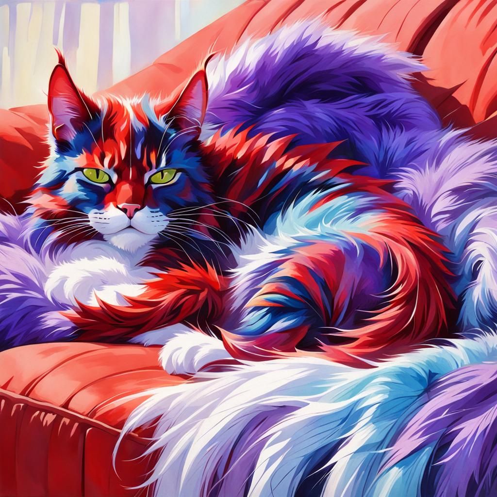 Colorful Hybrid Cat Dragon Sleeping on Sofa