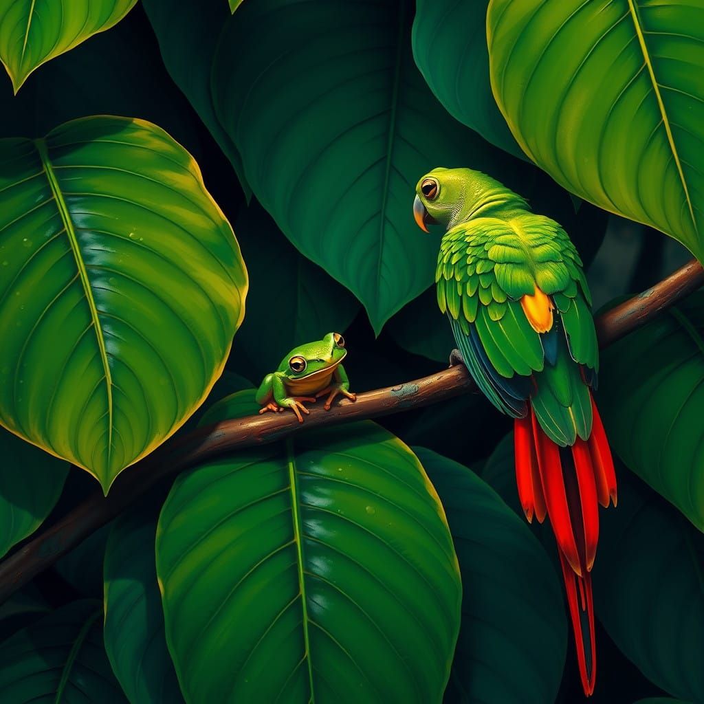 Exotic Tropical Scene with Frog and Parrot