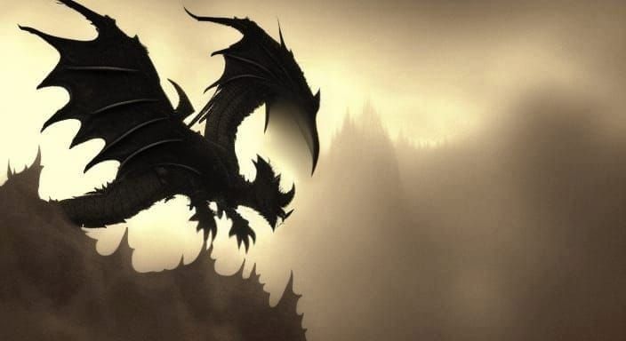 Ominous Dark Winged Dragon in Fog, Dark Fantasy Art