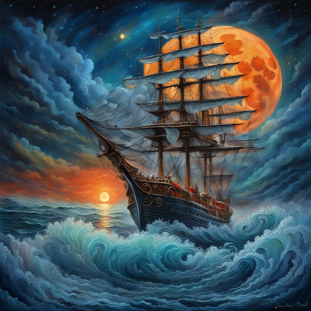 Moonlit Ship at Sea in Dreamlike Style