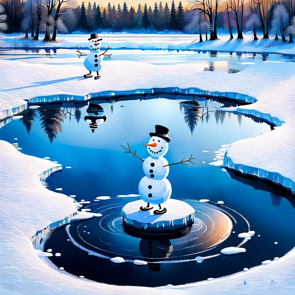 Snowman Ice-Skating on a Frozen Pond