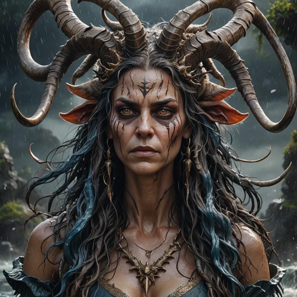 Monstrous Woman with Goat Horns: Hyperrealistic Portrait