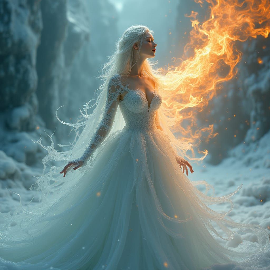 Regal Ice Queen Amidst Fiery Whirlwind