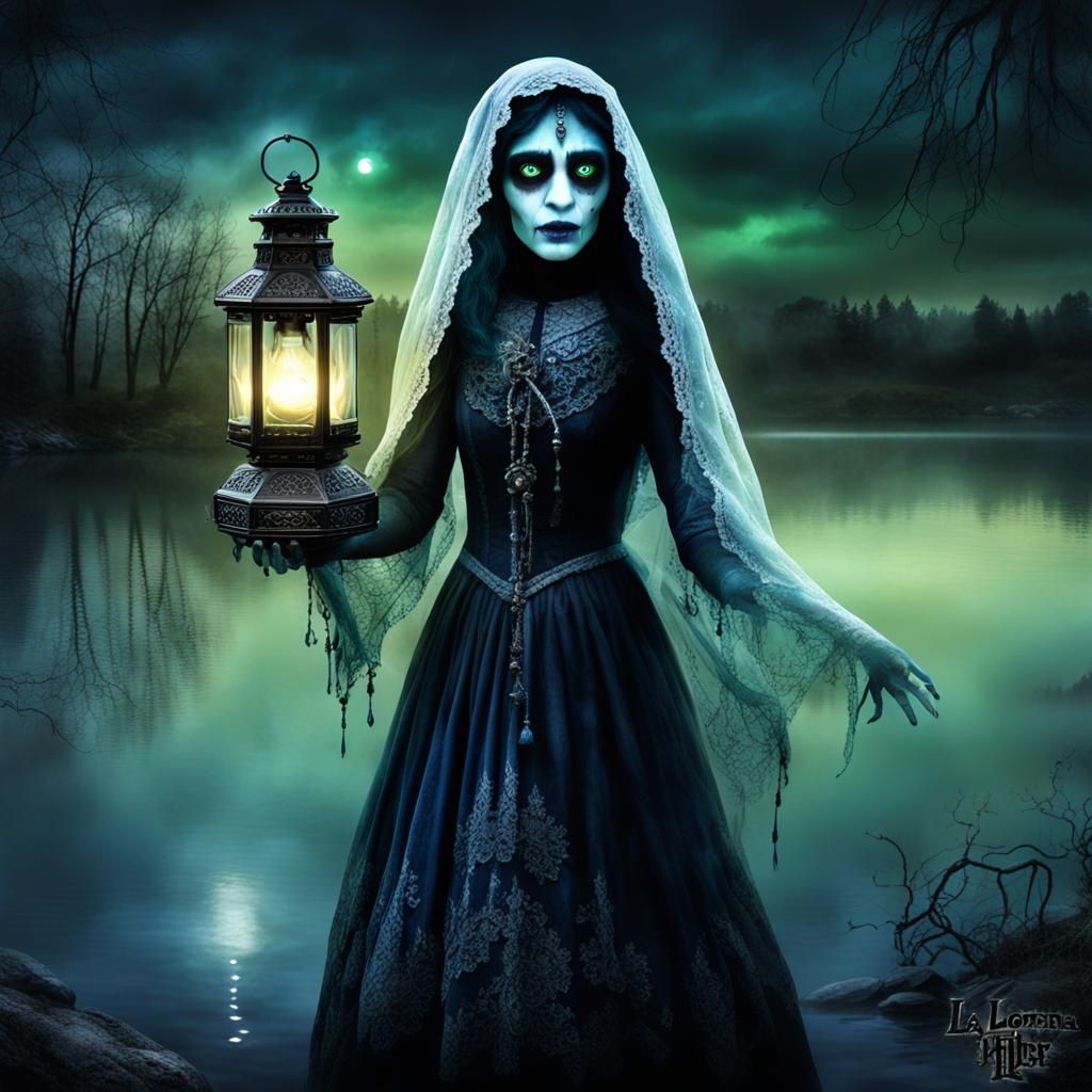 La Llorona with Lantern Over Foggy Lake