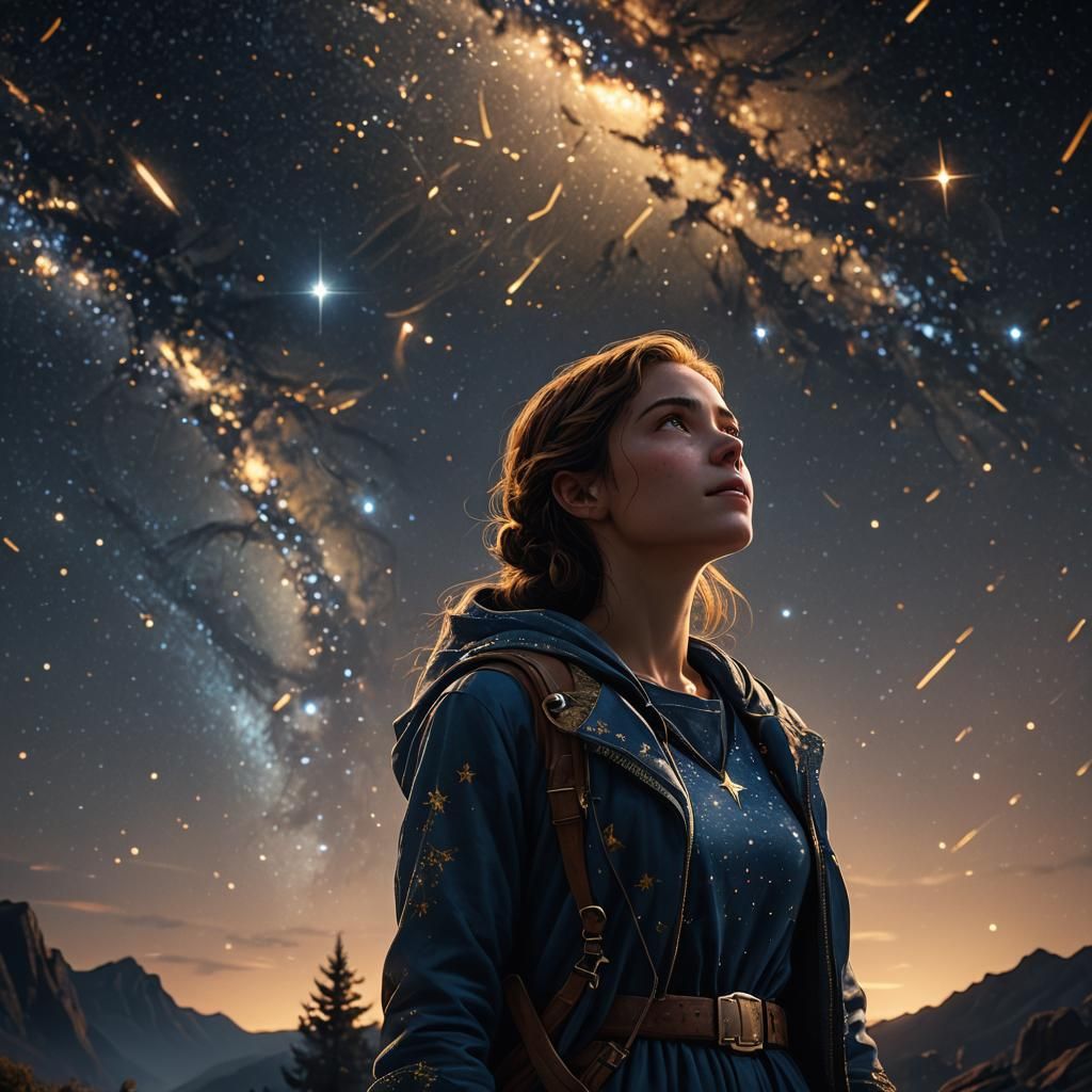Woman Gazing at Stars: Cinematic Fantasy Art