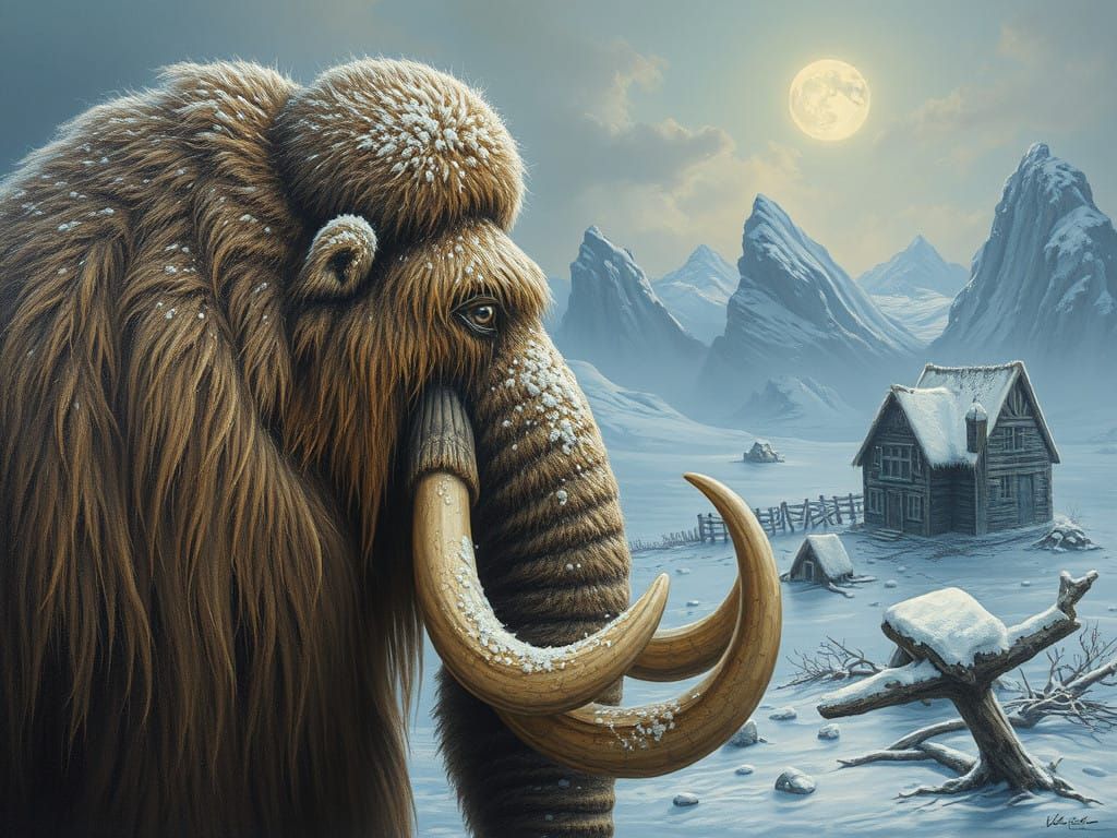 Prehistoric Mammoth in Snowy Wilderness with Handmade Cabin