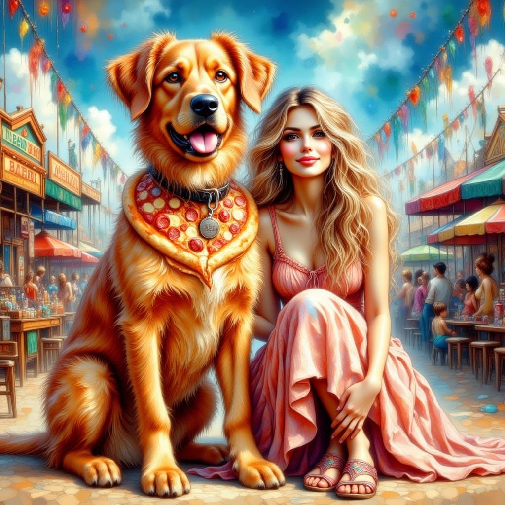 Pizza Dog at the Fair in Whimsical Style