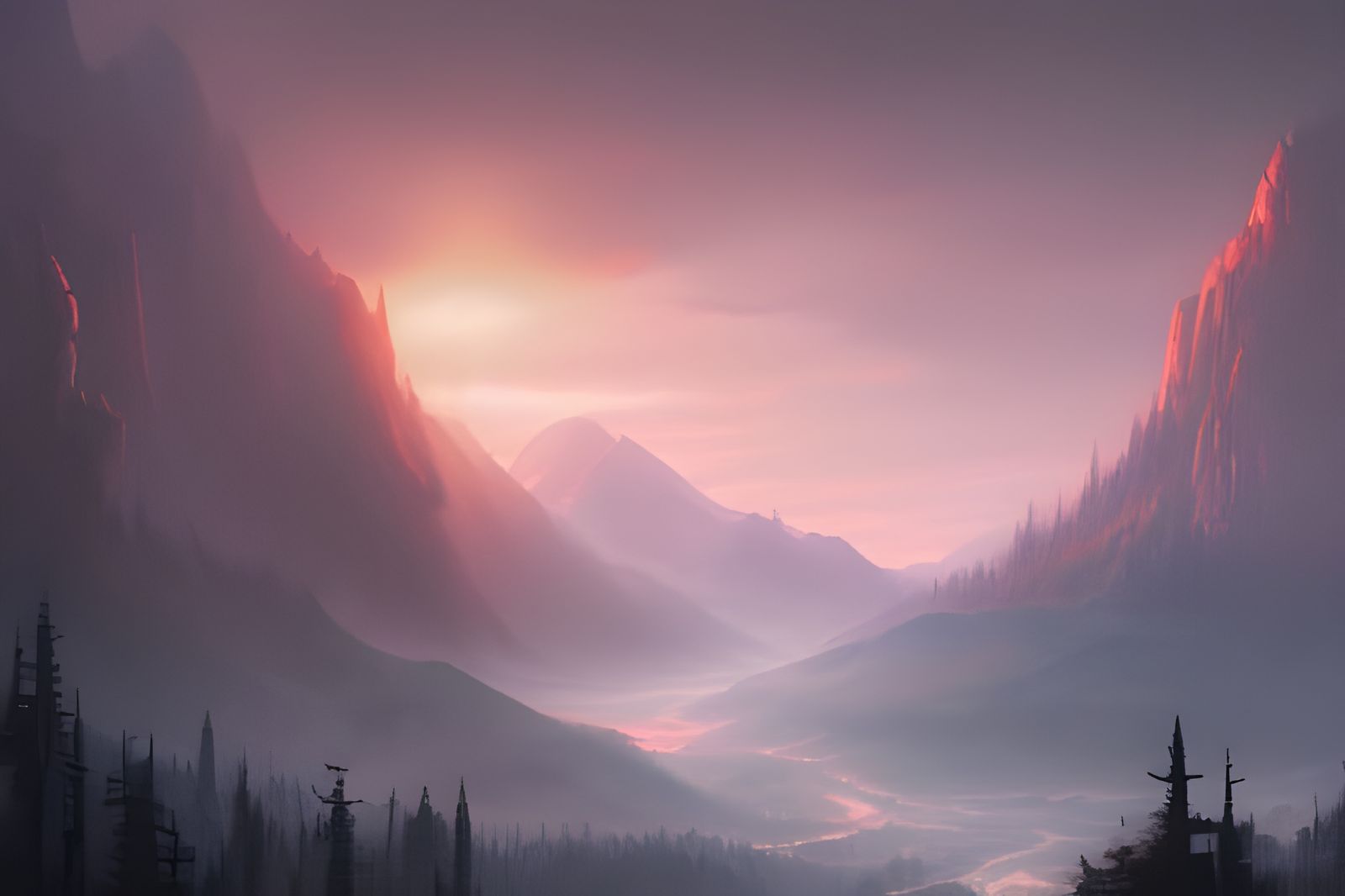 Dark Fantasy Mountain Range at Dawn, Hyperdetailed Art