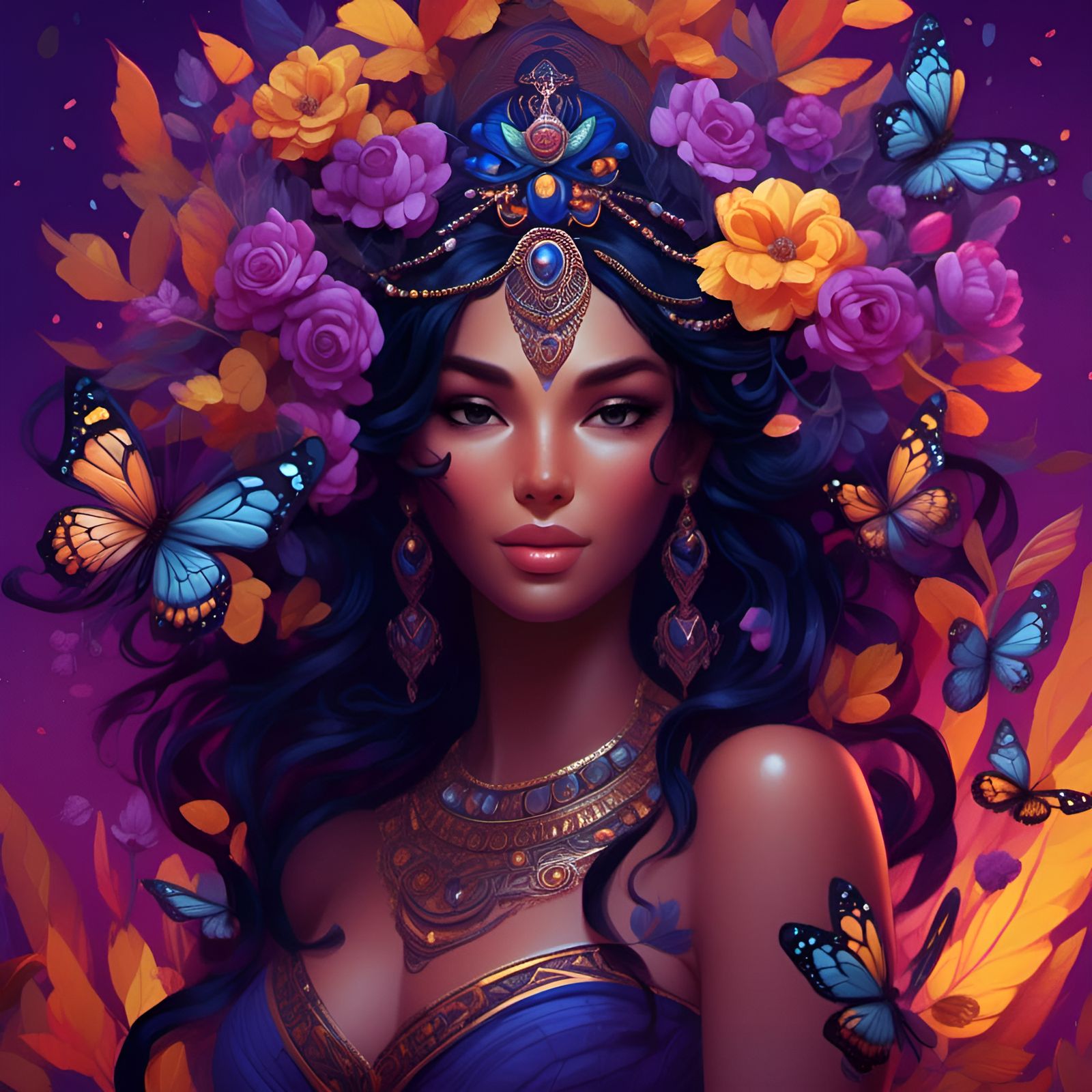 Happy Egyptian Woman with Butterflies in Dan Mumford Style