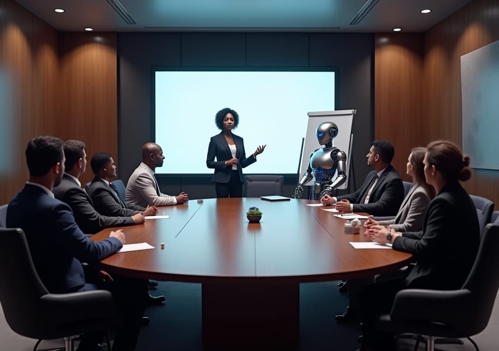 Futuristic Boardroom Scene with Robot, Digital Art