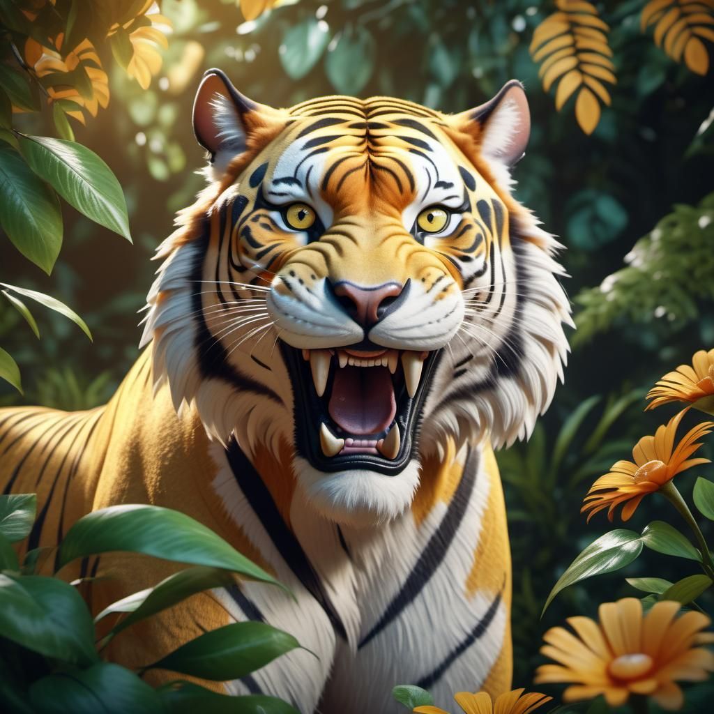Majestic Golden Tiger Roaring in Floral Landscape
