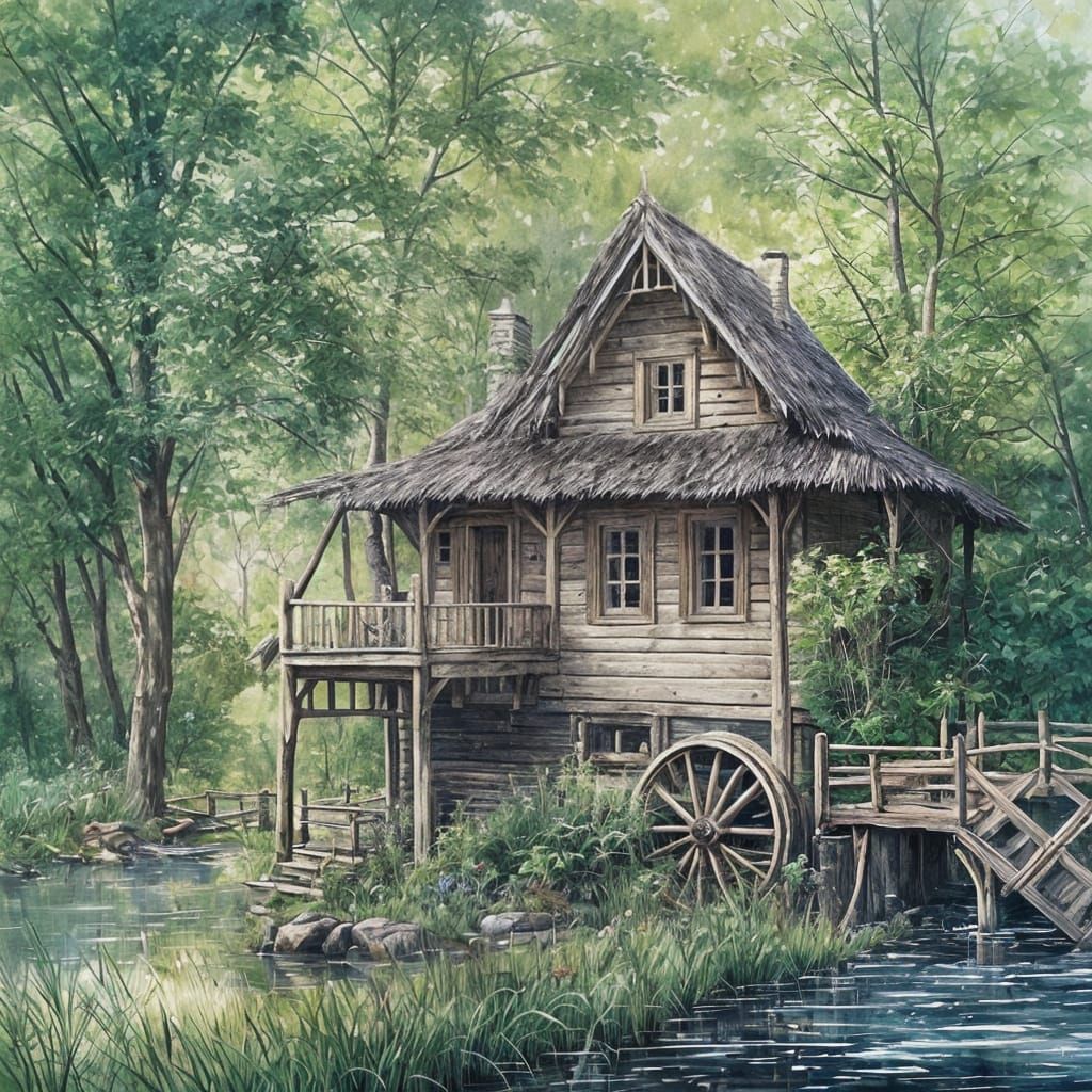 Charming Cottage with Waterwheel in Ink Painting Style