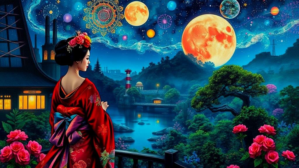 Ethereal Geisha in Cyberpunk Oasis