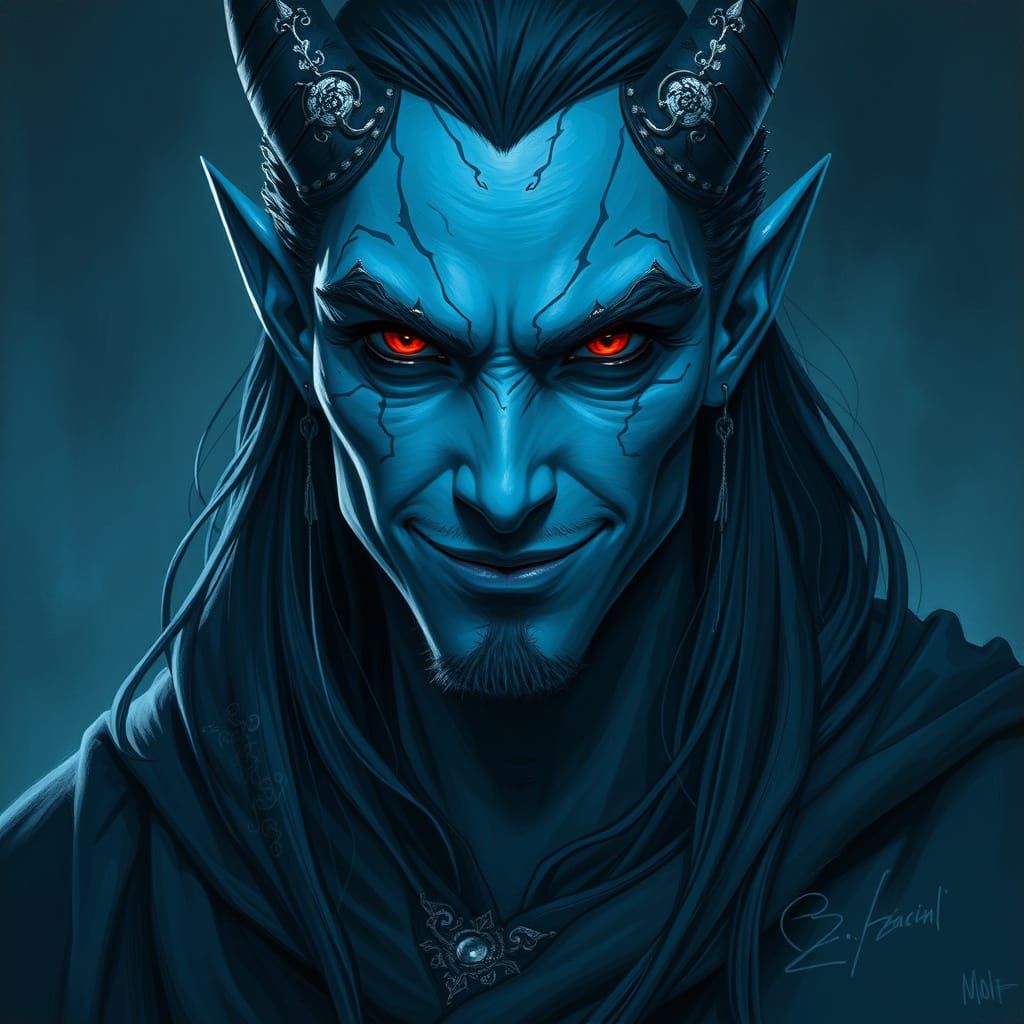 Captivating Midnight Blue Demon with Crimson Eyes