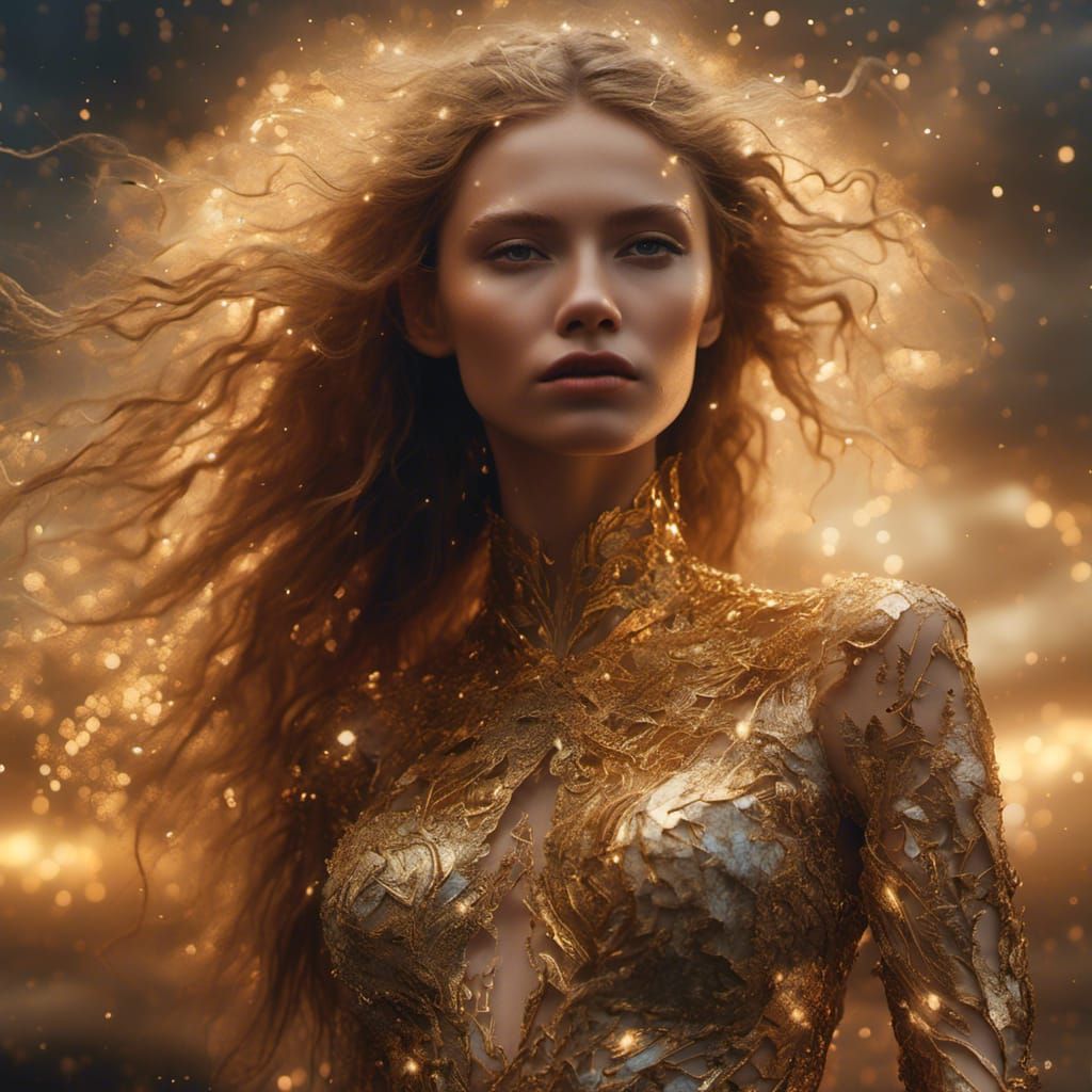 Golden-Eyed Woman in Lightning Sky: Digital Painting