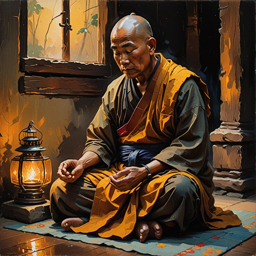 Dwarf Buddhist Monk in Golden Light