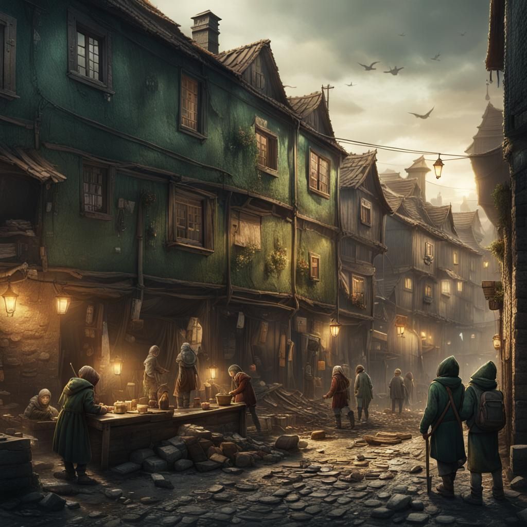 Medieval Slum Street Scene in Detailed Matte Painting Style