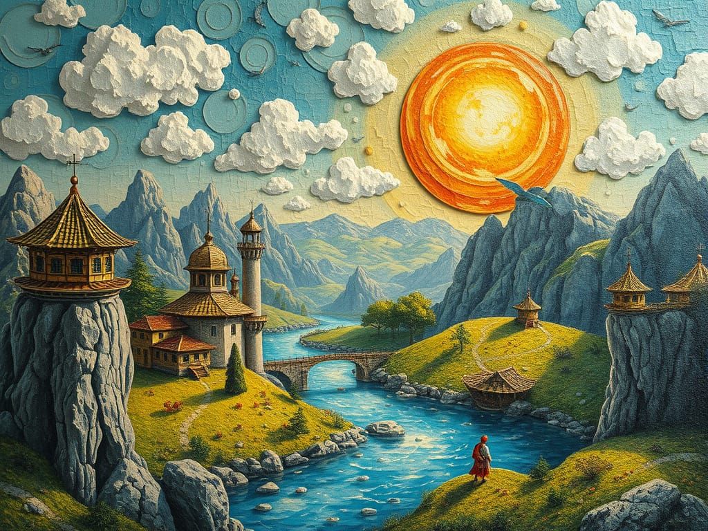 Ornate Whimsical Riverscape in Acrylic Style