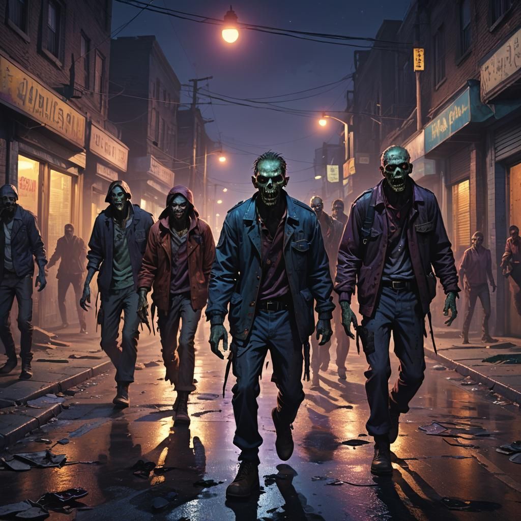 Zombies Shambling Through Dark City Street at Night