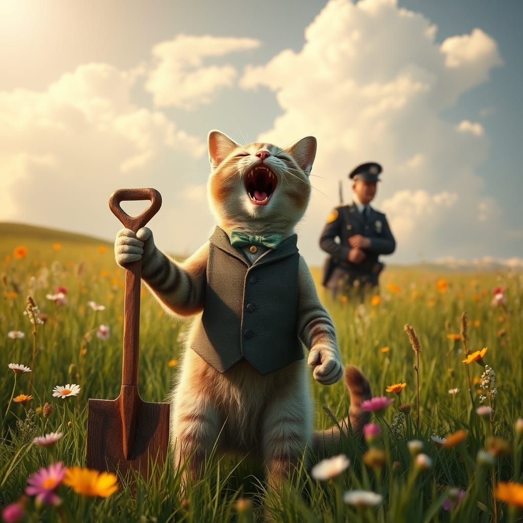 Majestic Meer Cat Triumphs in Whimsical Meadow Scene