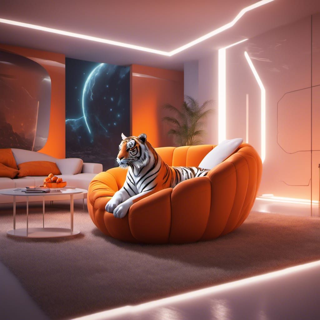 Cozy Tiger Lounging: Futuristic Concept Art