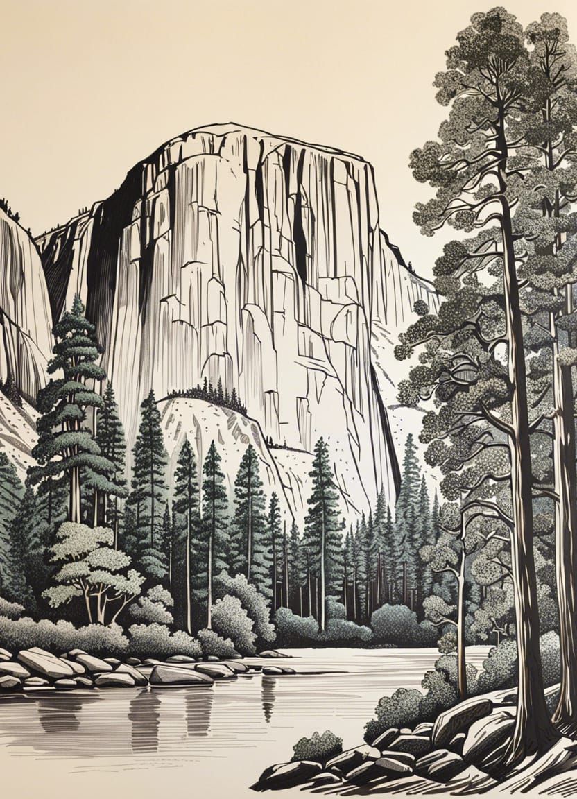 Peaceful Forest Scene with El Capitan, Pen Drawing