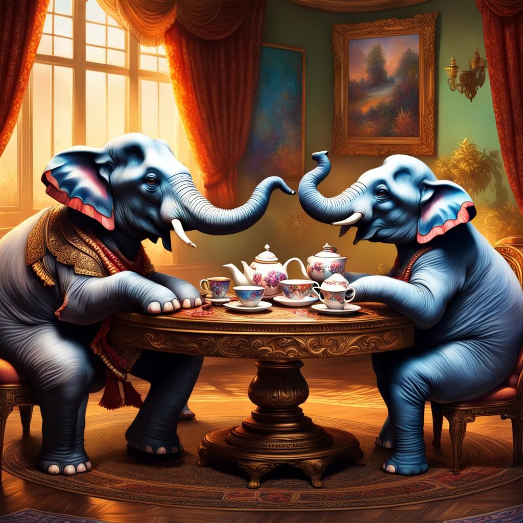 Hyperrealistic Elephant Tea Party Splash Art