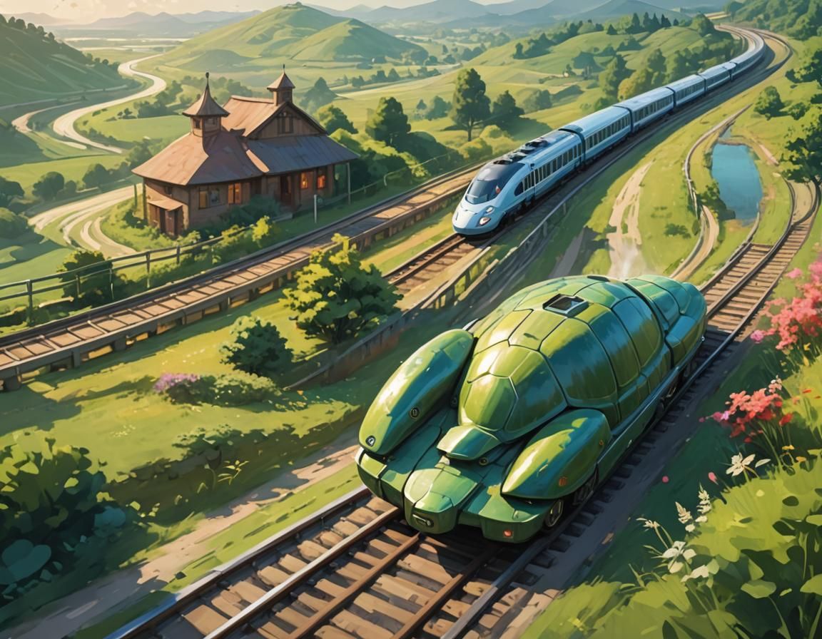 Whimsical Racing Scene in Stylized Countryside