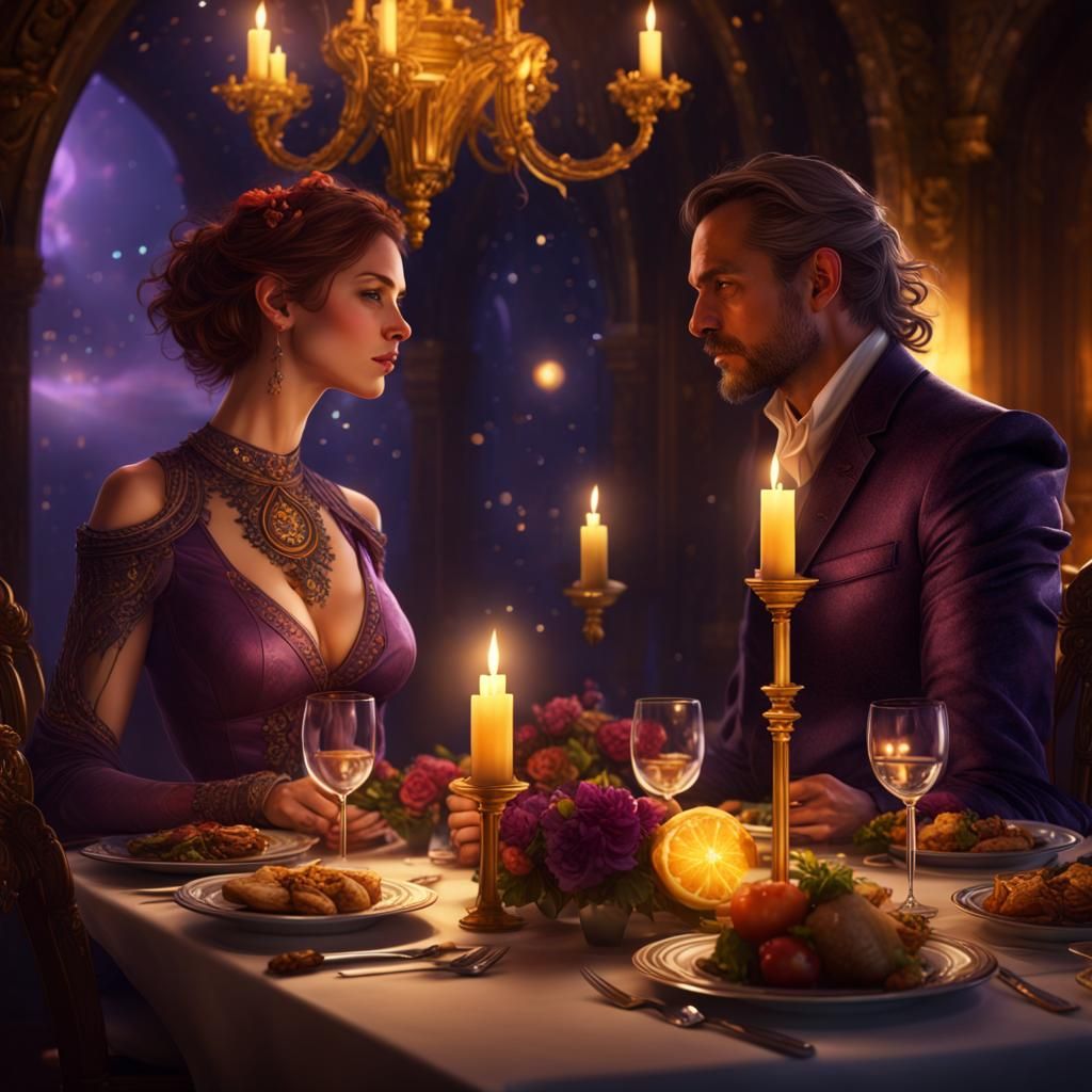 Romantic Space Dinner in Dark Fantasy Style
