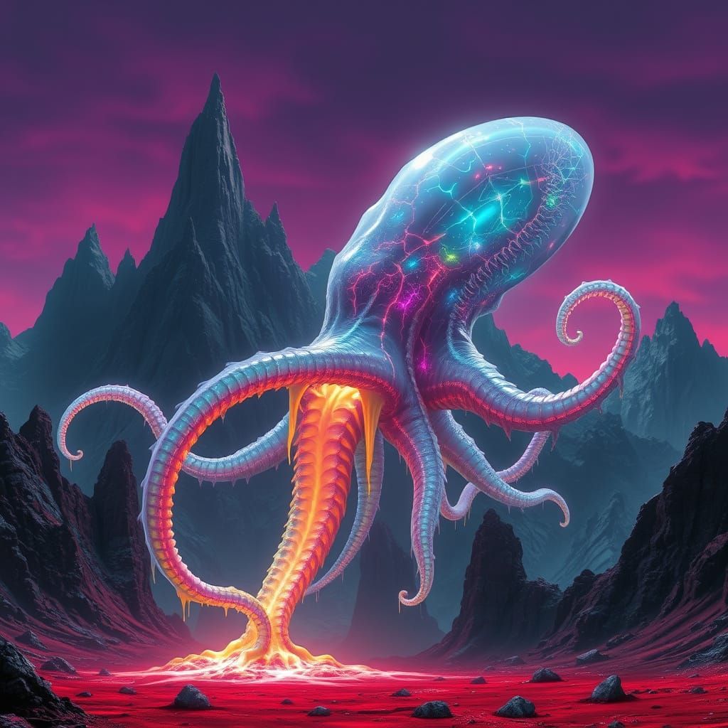 Jagged obsidian mountains pierce a bruised purple sky, a col...